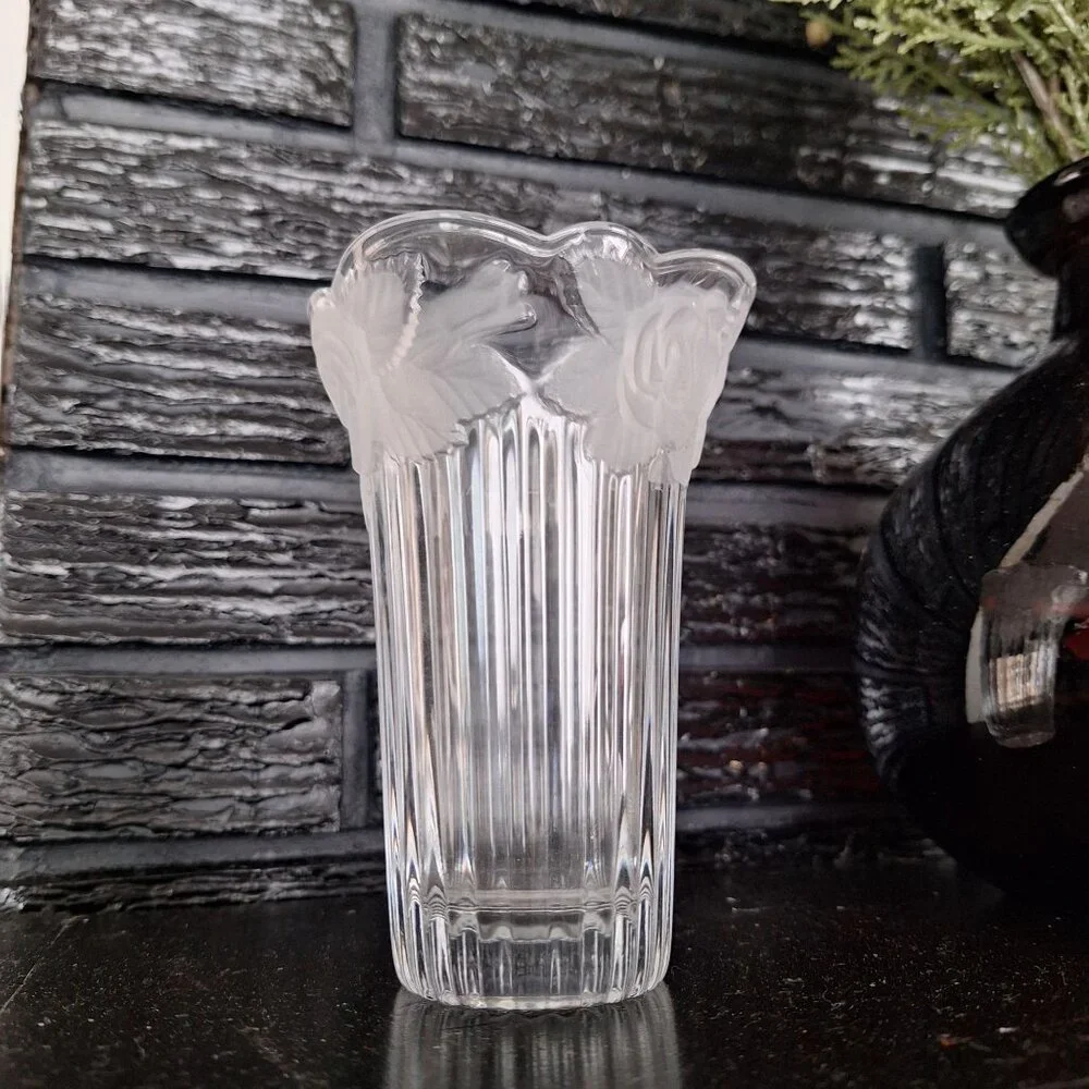 Studio Nova‎ Japan Etched Crystal Pair Floral Vase Set Of 2 Matching Vintage